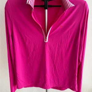G/FORE Hot Pink 1/4 Zip Golf Tech Polo | Striped Collar | Long Sleeve | Size L